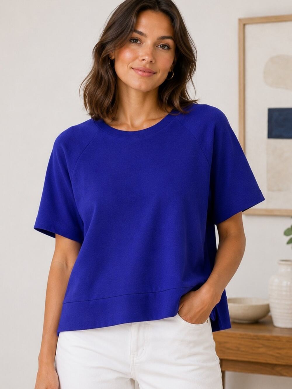 Eileen Fisher Organic Cotton Boxy Tee Top Purple Short Sleeve Small Petite